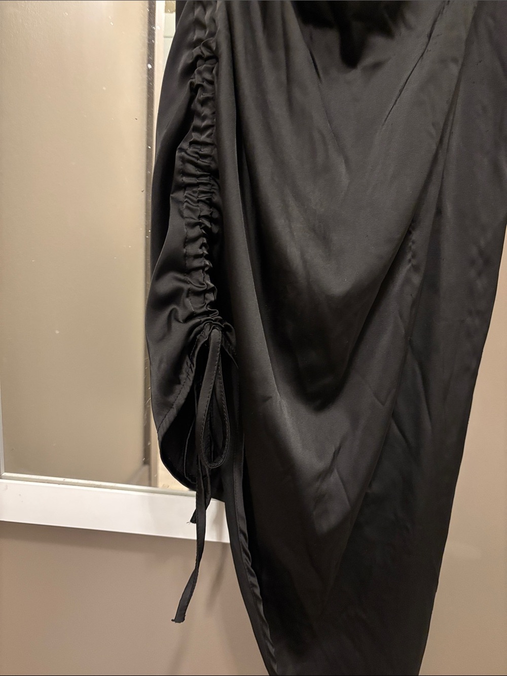 Black Ruched Satin Asymmetrical Midi Dress - Picture 2 of 5